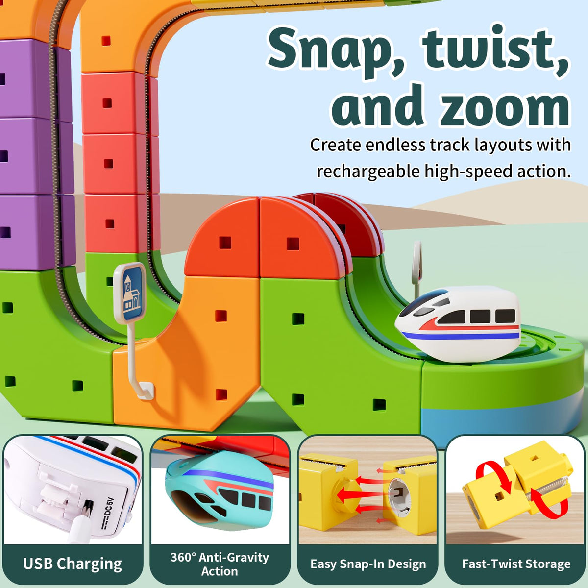Wdebay Klick Rail 360-degree movement enables dynamic, exploratory play.