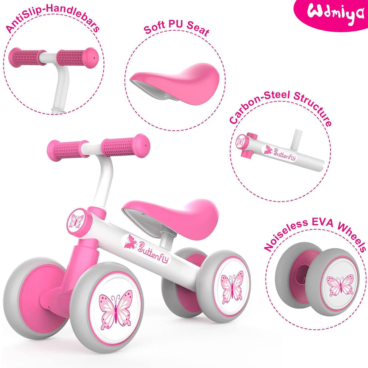 Wdmiya Baby Balance Bike side angle demonstrates intuitive steering and balance practice.