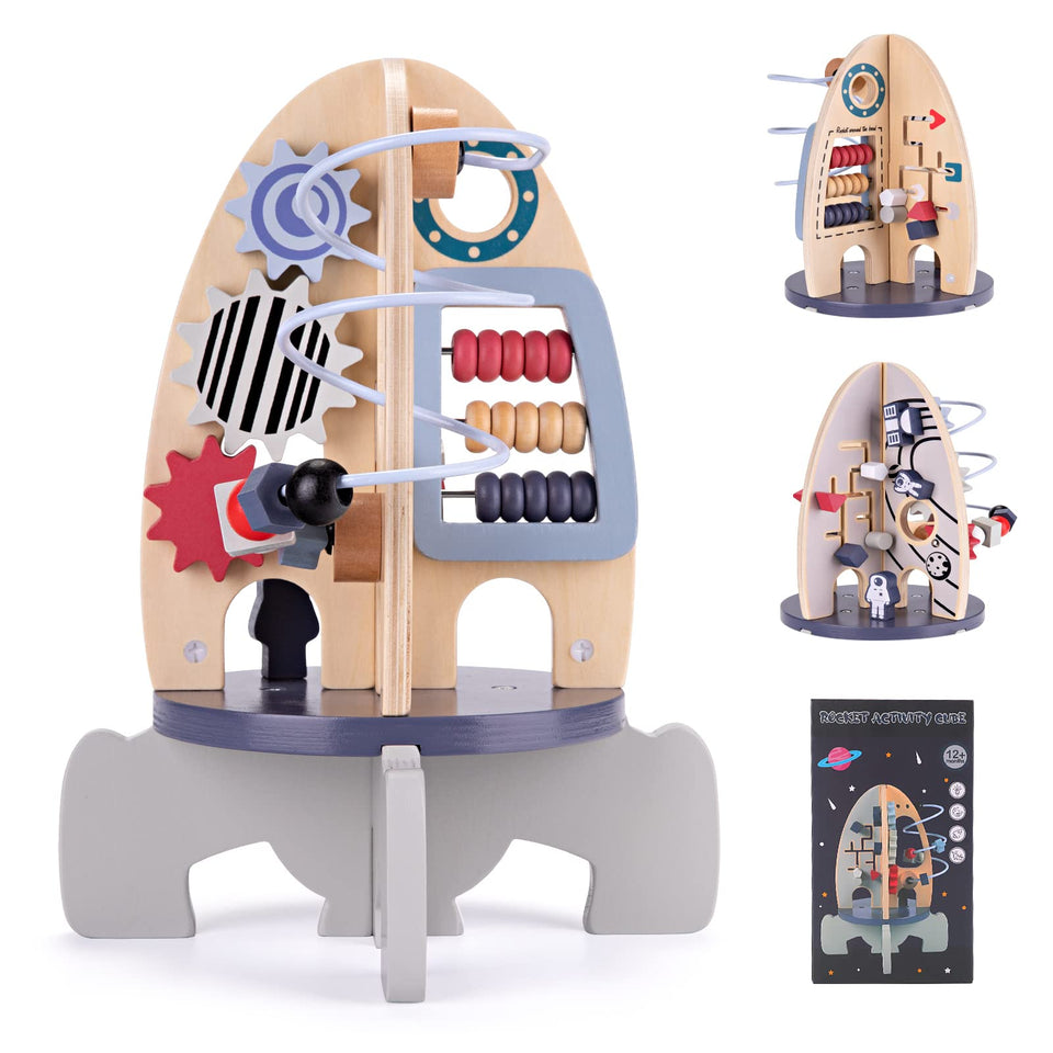 Wdmiya space rocket activity cube with safe wooden construction for babies