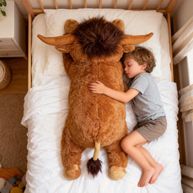 WDXDSOB Highland Cow plush on bed, ideal as pillow or comfy decor