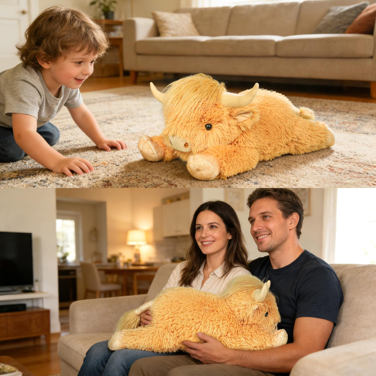 WDXDSOB Highland Cow plush in bedroom decor, adding farmhouse charm.
