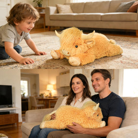 WDXDSOB Highland Cow plush in bedroom decor, adding farmhouse charm.