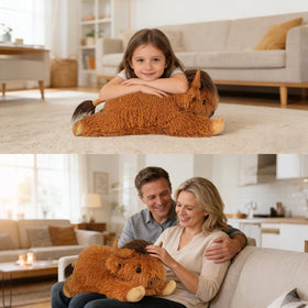WDXDSOB Highland Cow plush in bedroom decor scene, versatile centerpiece for cozy spaces.