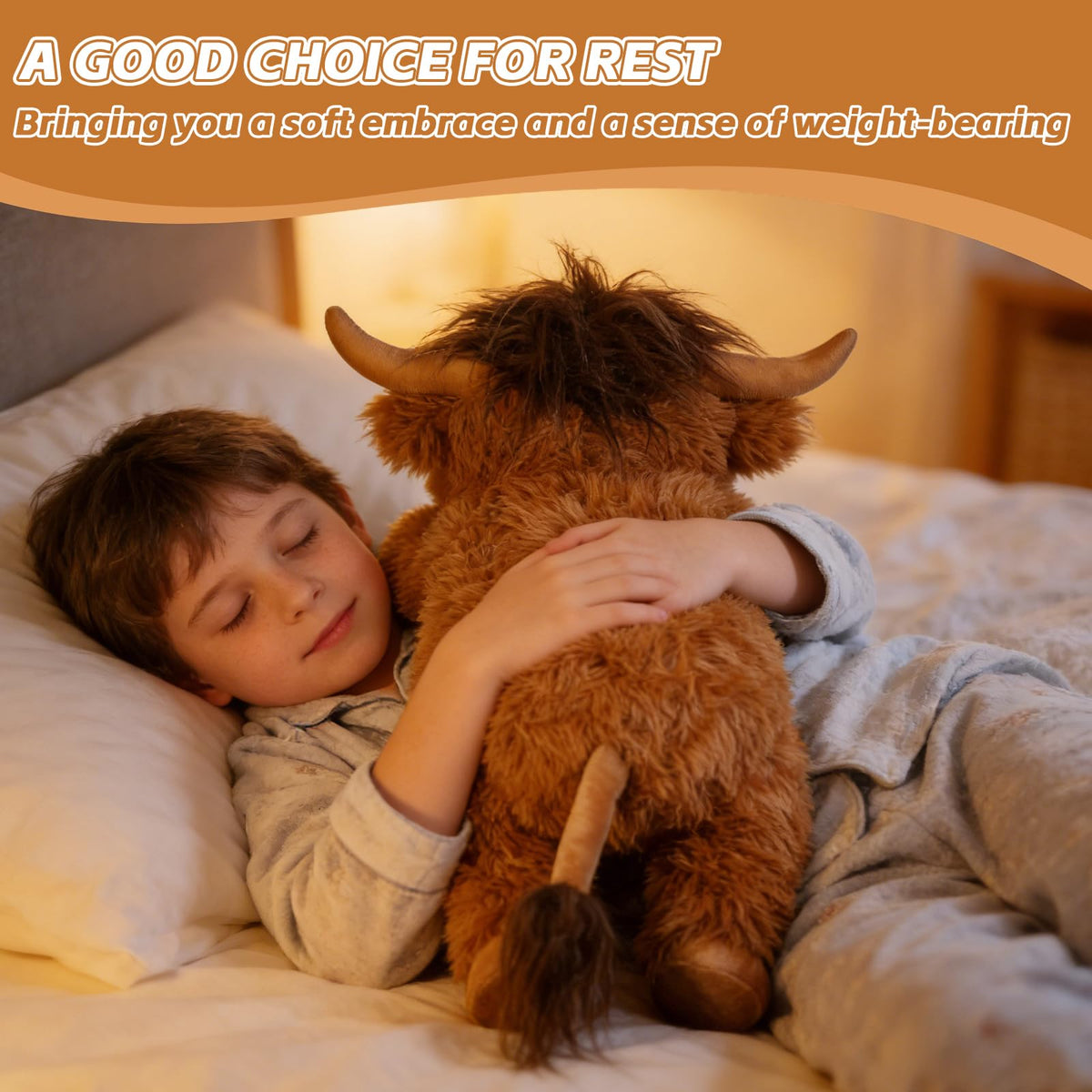 WDXDSOB Highland Cow plush side view, soft weighted feel ideal for comforting snuggles.