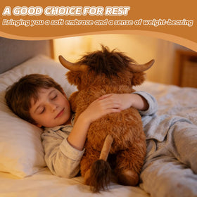 WDXDSOB Highland Cow plush side view, soft weighted feel ideal for comforting snuggles.
