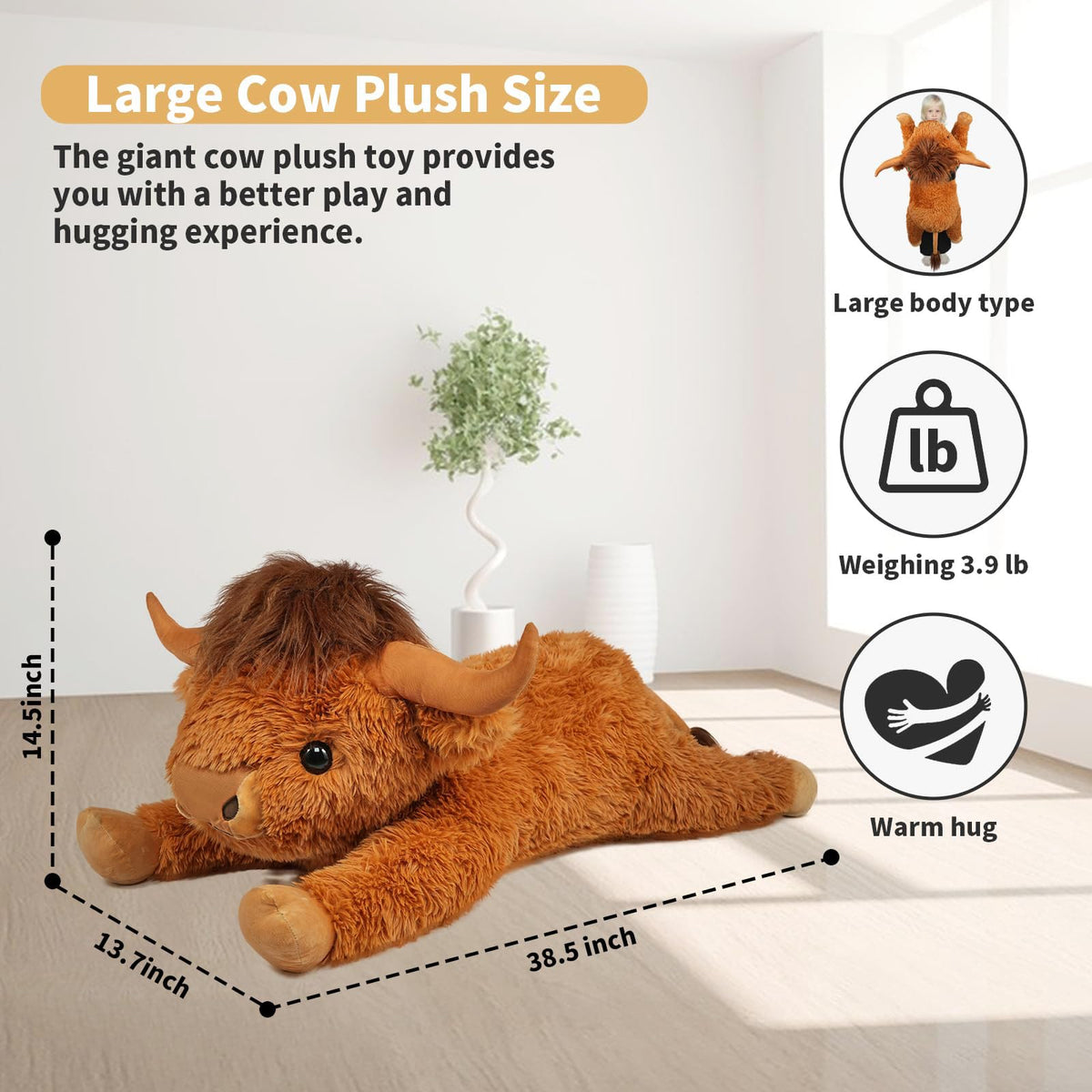 WDXDSOB Highland Cow plush side view, perfect decorative accent for sofas