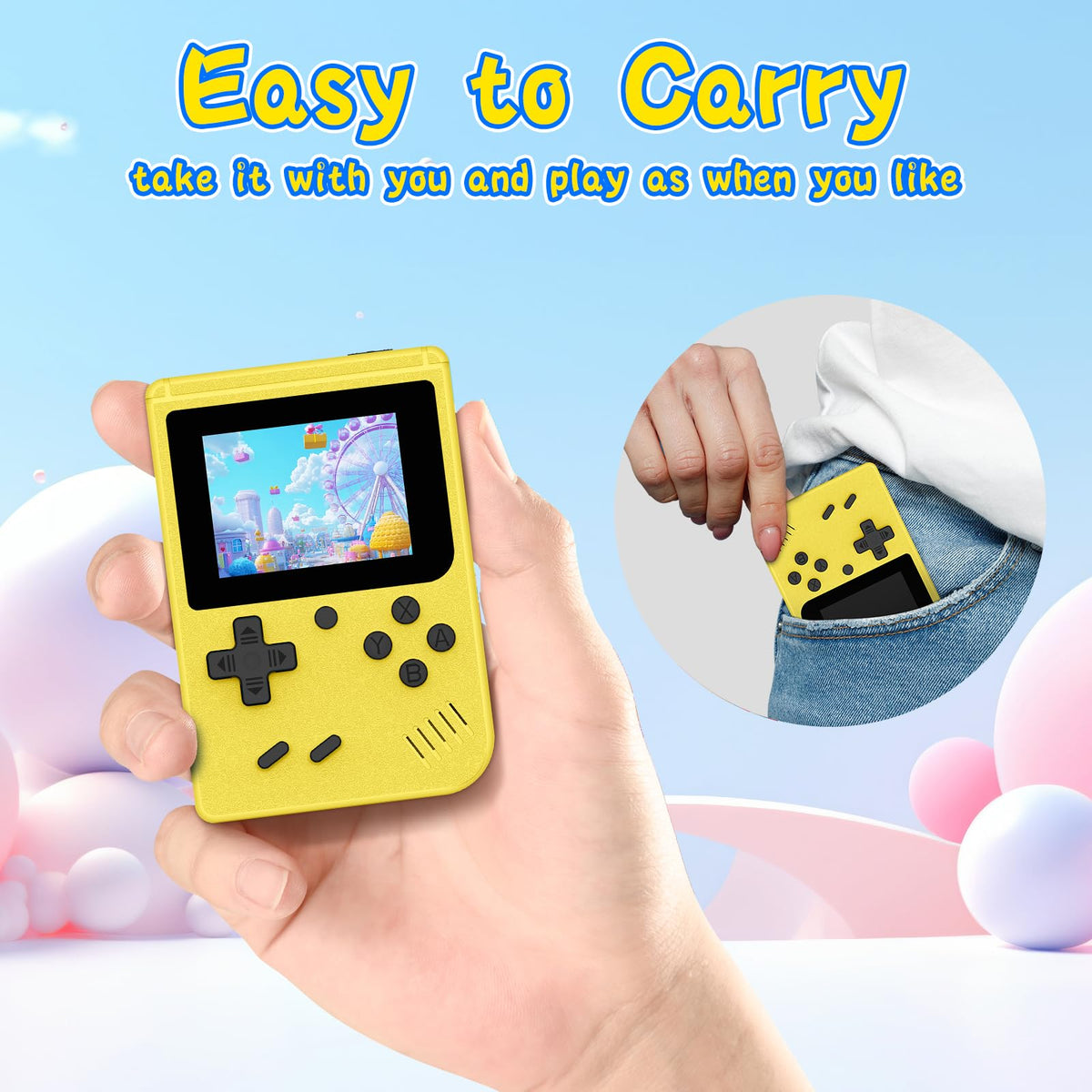 WDYQJE retro gaming console in-use shot demonstrates easy one-handed operation.