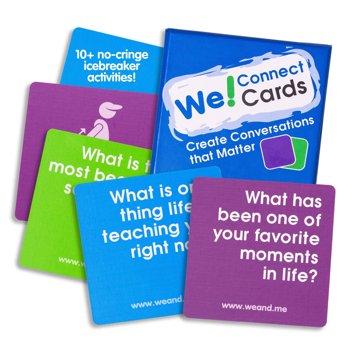 We! Connect Cards front of deck ready to spark conversations in any setting.