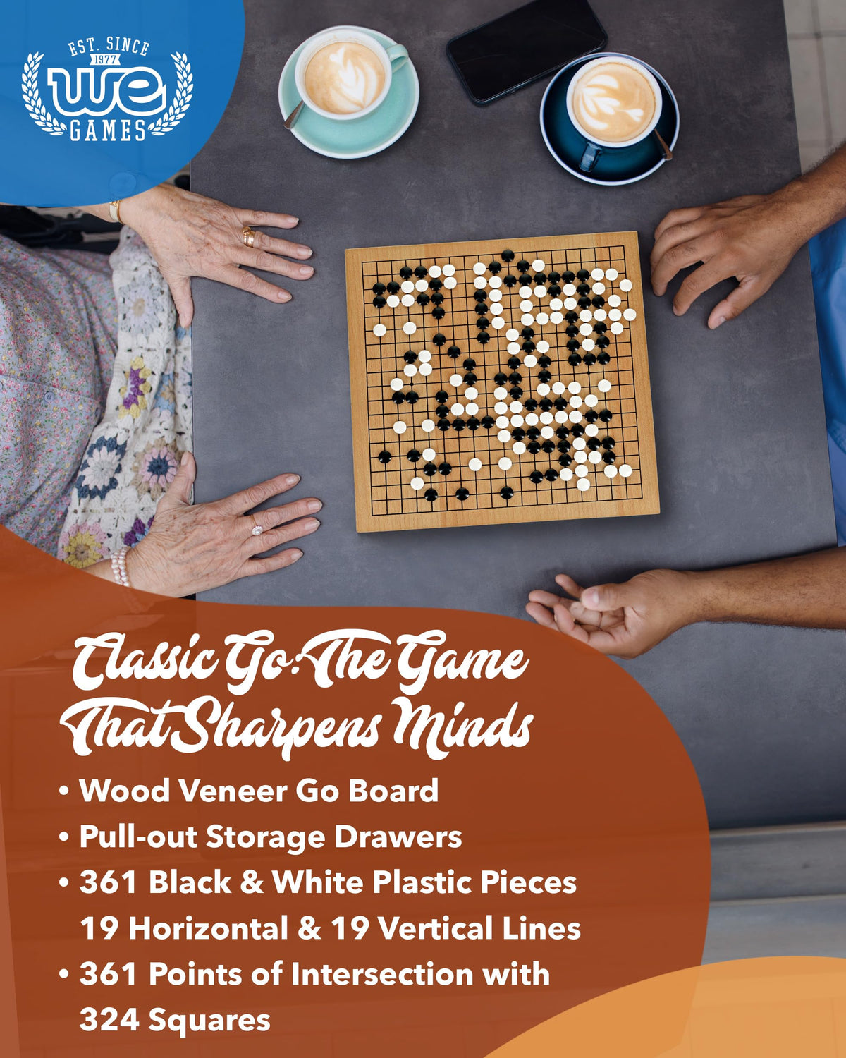 WE Games portable wood veneer goban for travel and tabletop play.