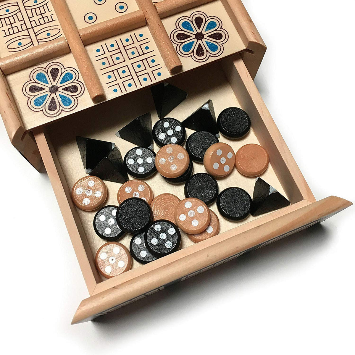 WE Games The Royal Game of UR close-up of ornate game pieces showing craftsmanship