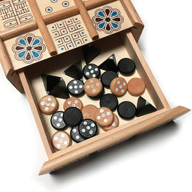 WE Games The Royal Game of UR close-up of ornate game pieces showing craftsmanship