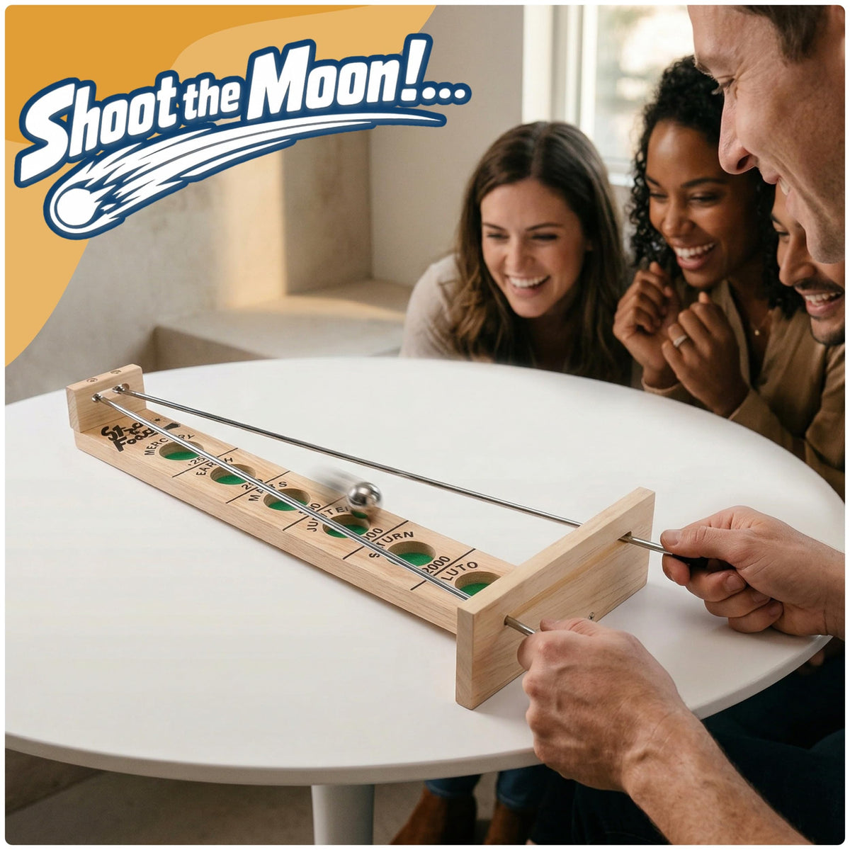 WE Games Shoot the Moon solid wood construction highlighting durable craftsmanship