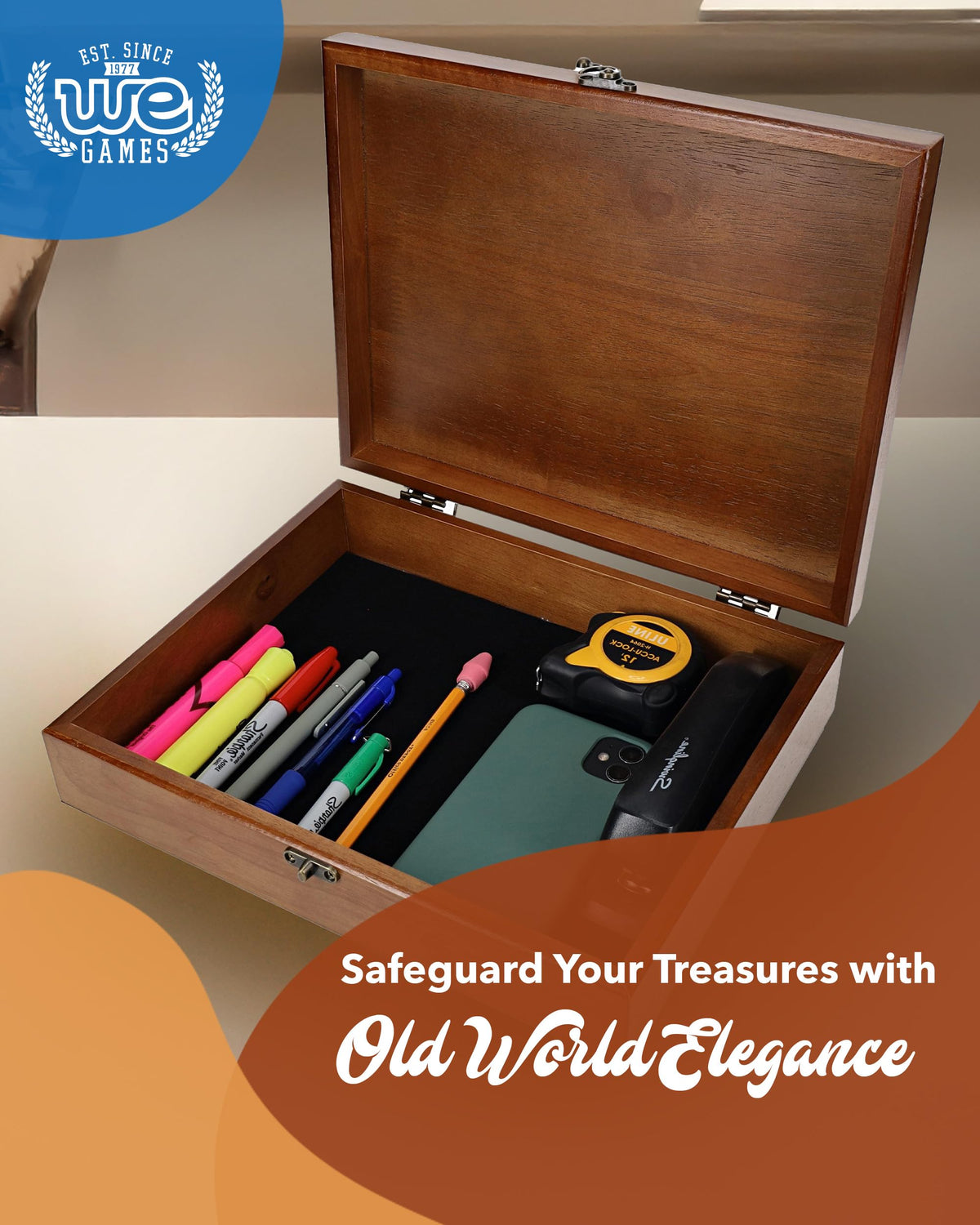 WE Games wooden keepsake box with velvet interior protecting valuables.