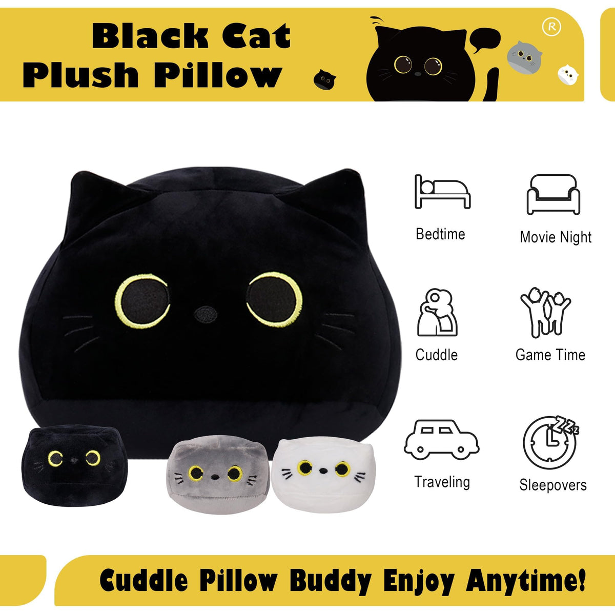 WeBingo black cat plush back-pocket with 3 babies offers cozy, built-in friends