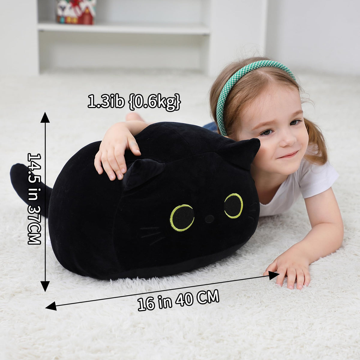 WeBingo black cat plush size scale demonstrates 16-inch height for daily comfort.