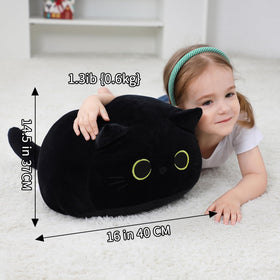 WeBingo black cat plush size scale demonstrates 16-inch height for daily comfort.