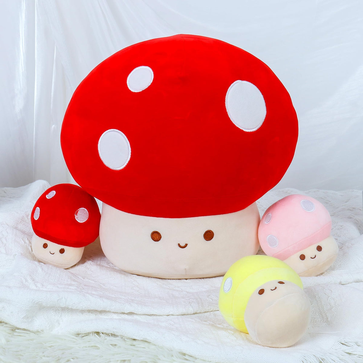 WeBingo mushroom plush pillow, versatile cushion for bed, sofa, or car.