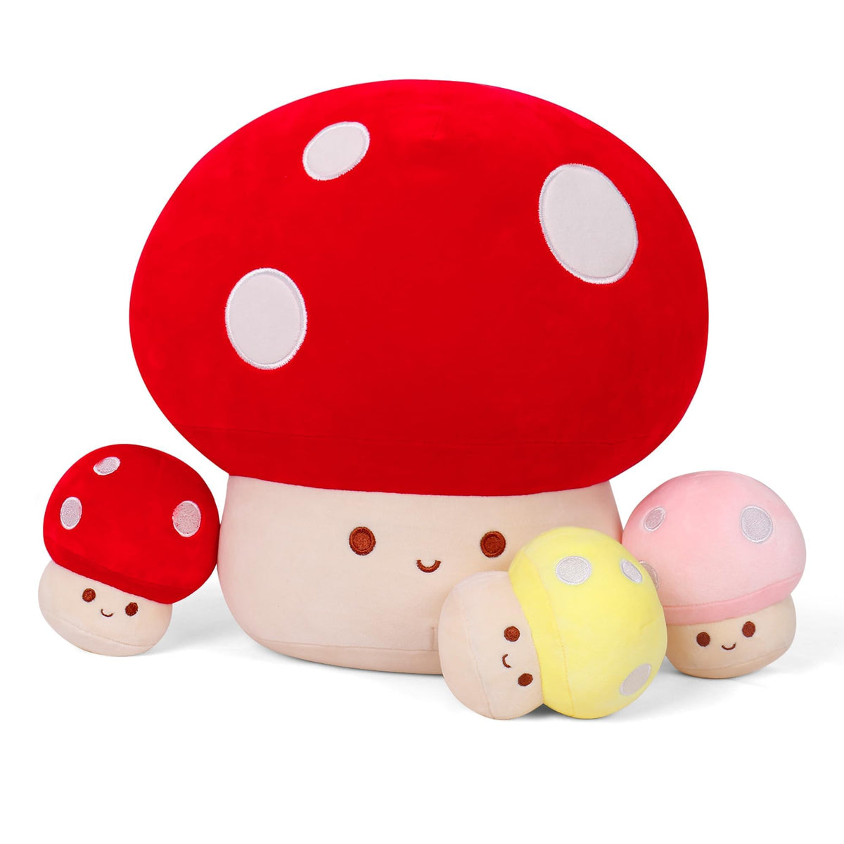 WeBingo mushroom plush set, four-piece collection for cozy play and room decor.