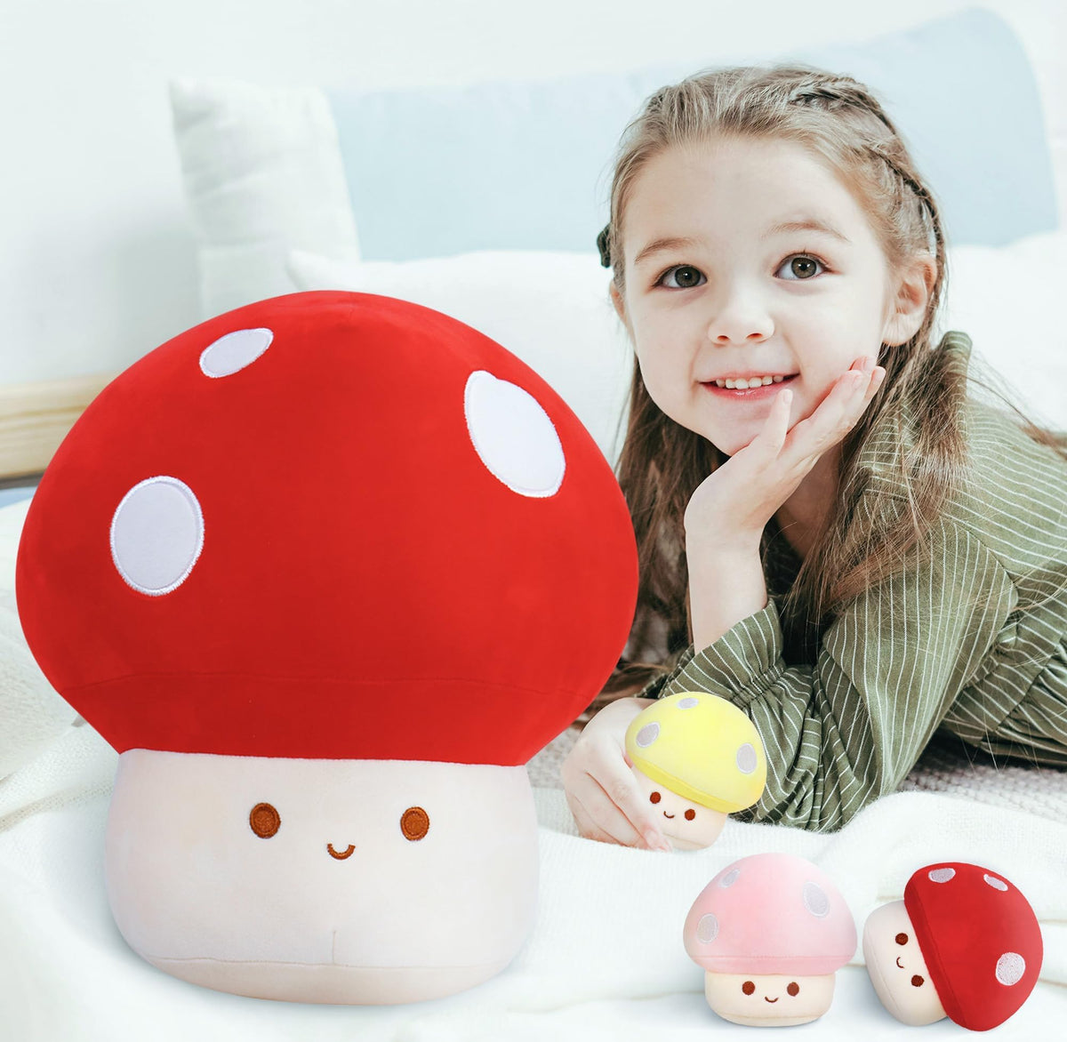 WeBingo mushroom plush with soft cotton filling, durable and machine washable.