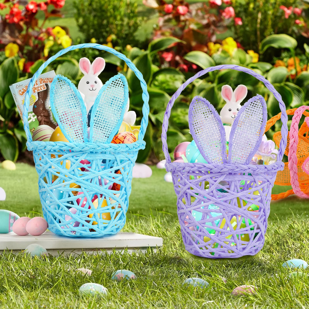 WeDoSoy Easter basket close-up in purple shows soft weave, ideal for table decor.