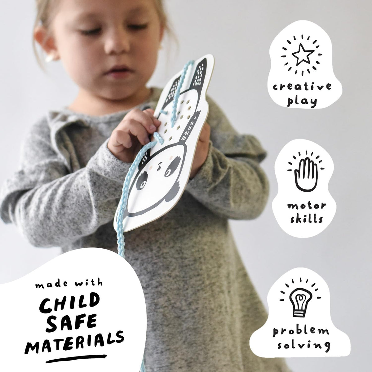 Wee Gallery Baby Animals lacing cards with durable board supports repeated, mess-free practice for little hands