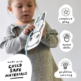 Wee Gallery Baby Animals lacing cards with durable board supports repeated, mess-free practice for little hands