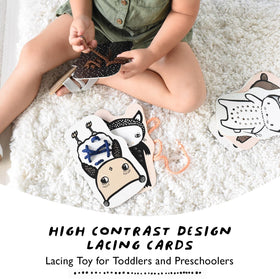 Wee Gallery Baby Animals lacing cards in-use illustrates hands-on learning and coordination during play