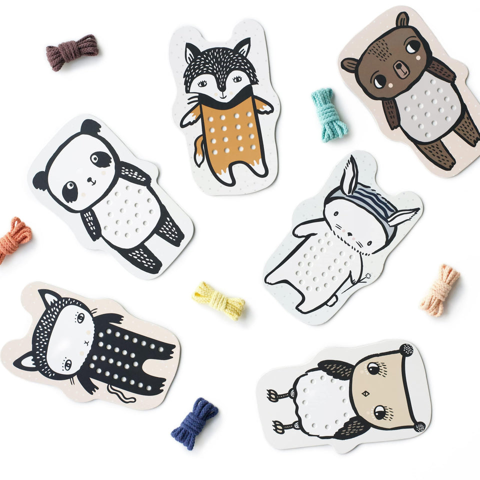 Wee Gallery Baby Animals lacing cards set shows fine motor practice and imaginative play for toddlers