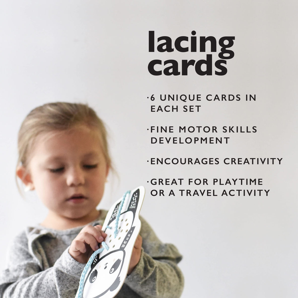 Wee Gallery Baby Animals lacing cards-no-mess activity supports calm, focused moments on the go