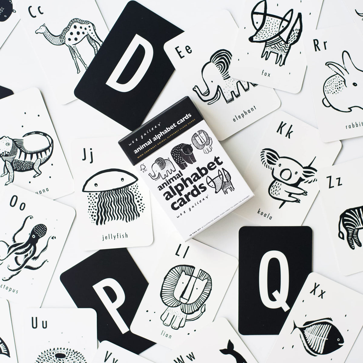 Wee Gallery high-contrast alphabet cards toddler-to-preschool progression supports letters and curiosity.