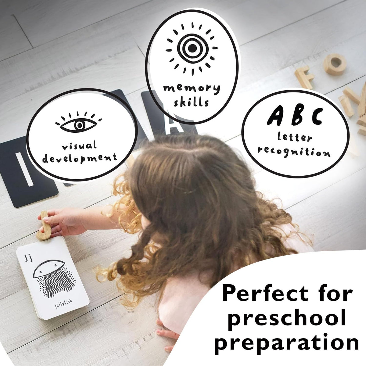 Wee Gallery high-contrast alphabet cards toddler learning layout aids early recognition skills.
