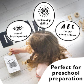 Wee Gallery high-contrast alphabet cards toddler learning layout aids early recognition skills.