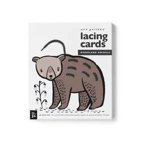 Wee Gallery Woodland Lacing Cards aid dexterity through threading practice.