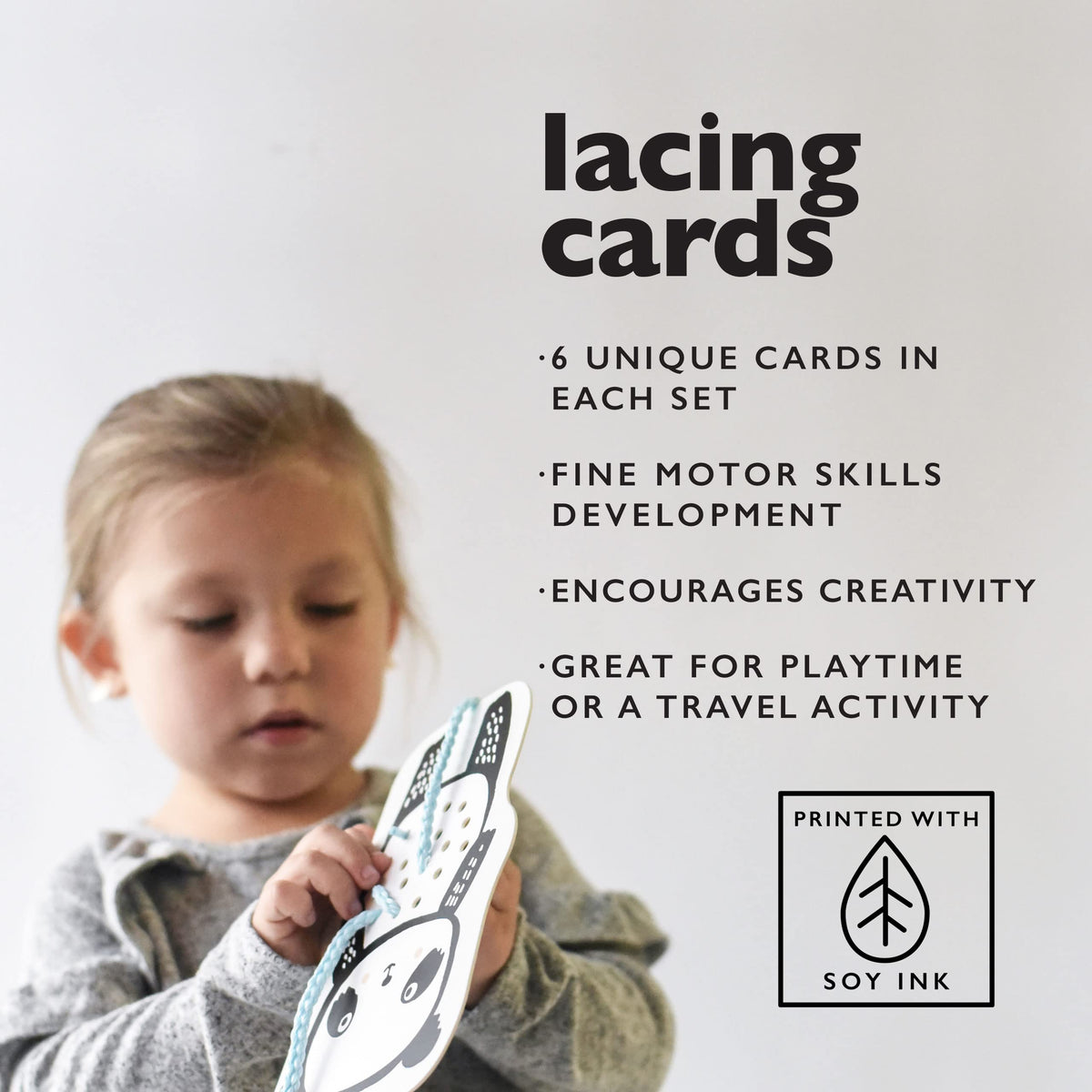 Wee Gallery Woodland Lacing Cards thread an owl to boost concentration.