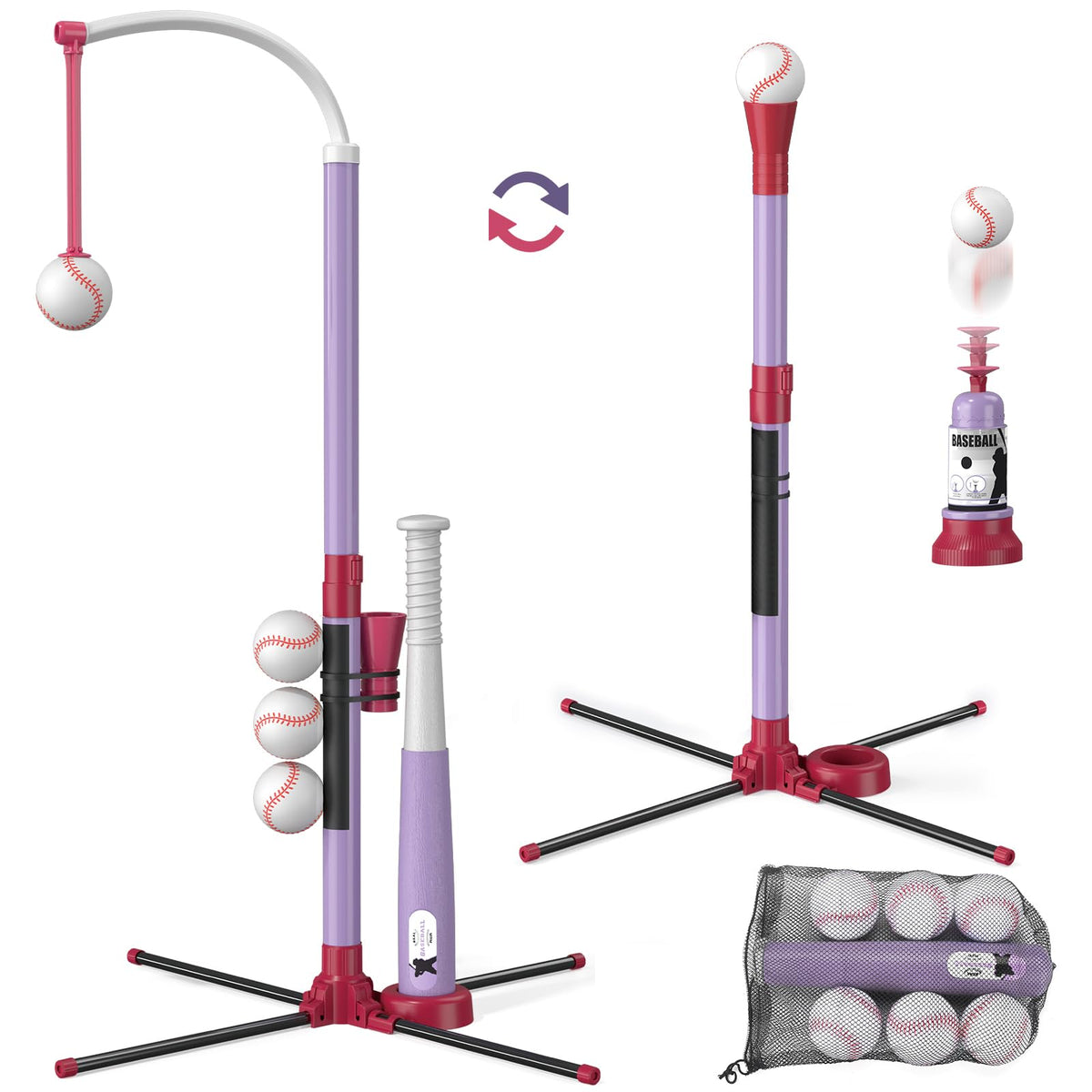 Wee Wonders hanging tee setup with self-stick baseballs for outdoor hand-eye coordination.