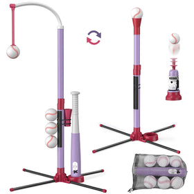 Wee Wonders hanging tee setup with self-stick baseballs for outdoor hand-eye coordination.