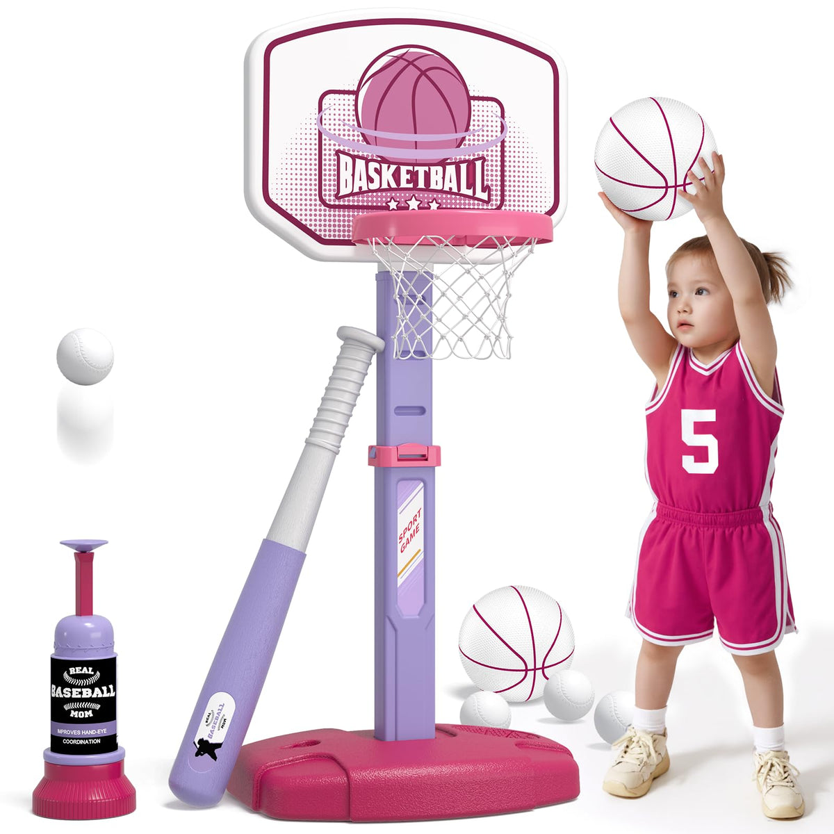 Wee Wonders pink 2-in-1 basketball hoop for easy scoring during family play