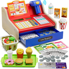 Wee Wonders wooden cash register blue front panel for pretend shopping and early math practice.