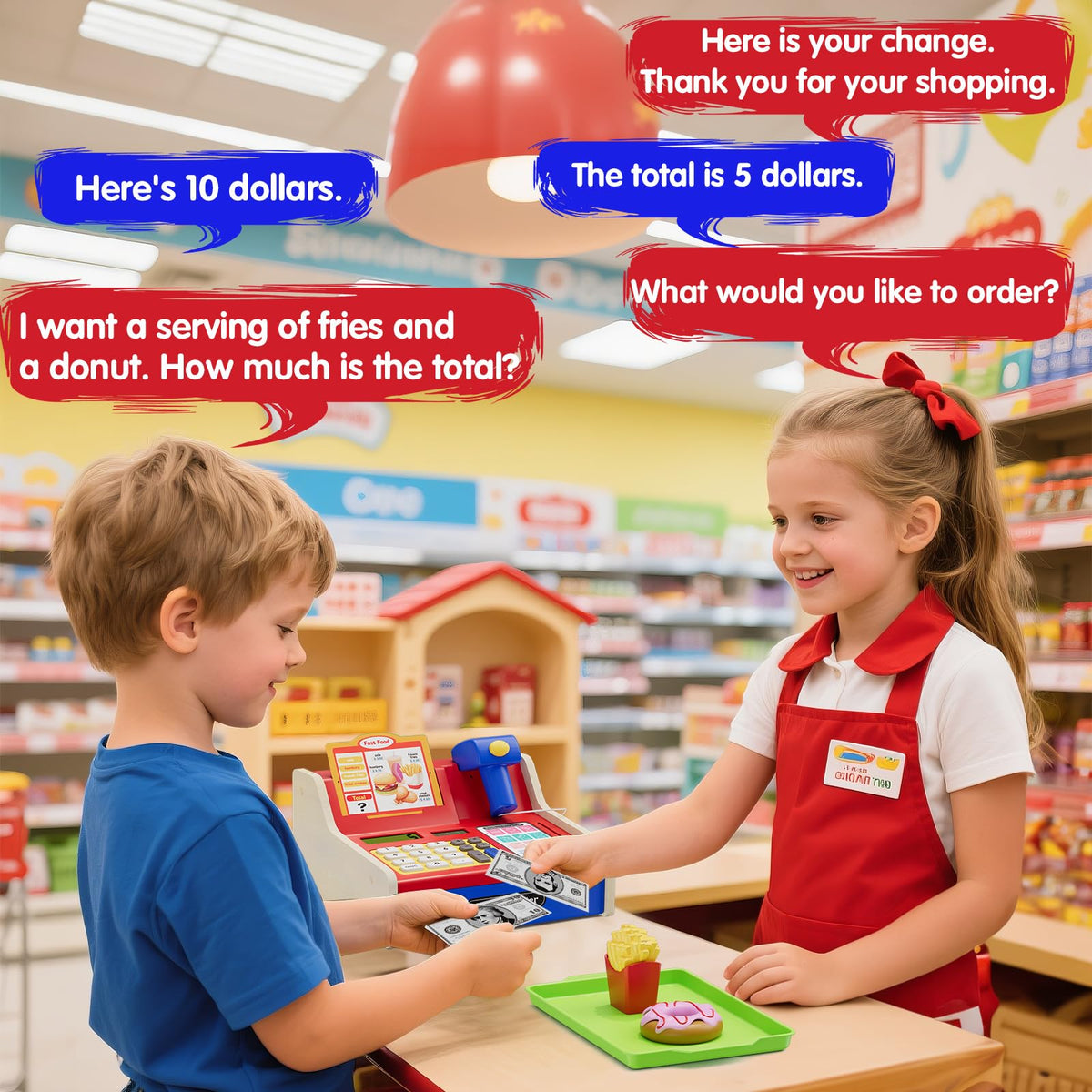Wee Wonders blue menus pair with shopping play for interactive ordering.