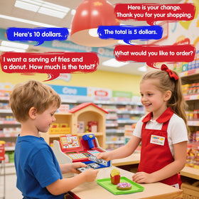 Wee Wonders blue menus pair with shopping play for interactive ordering.