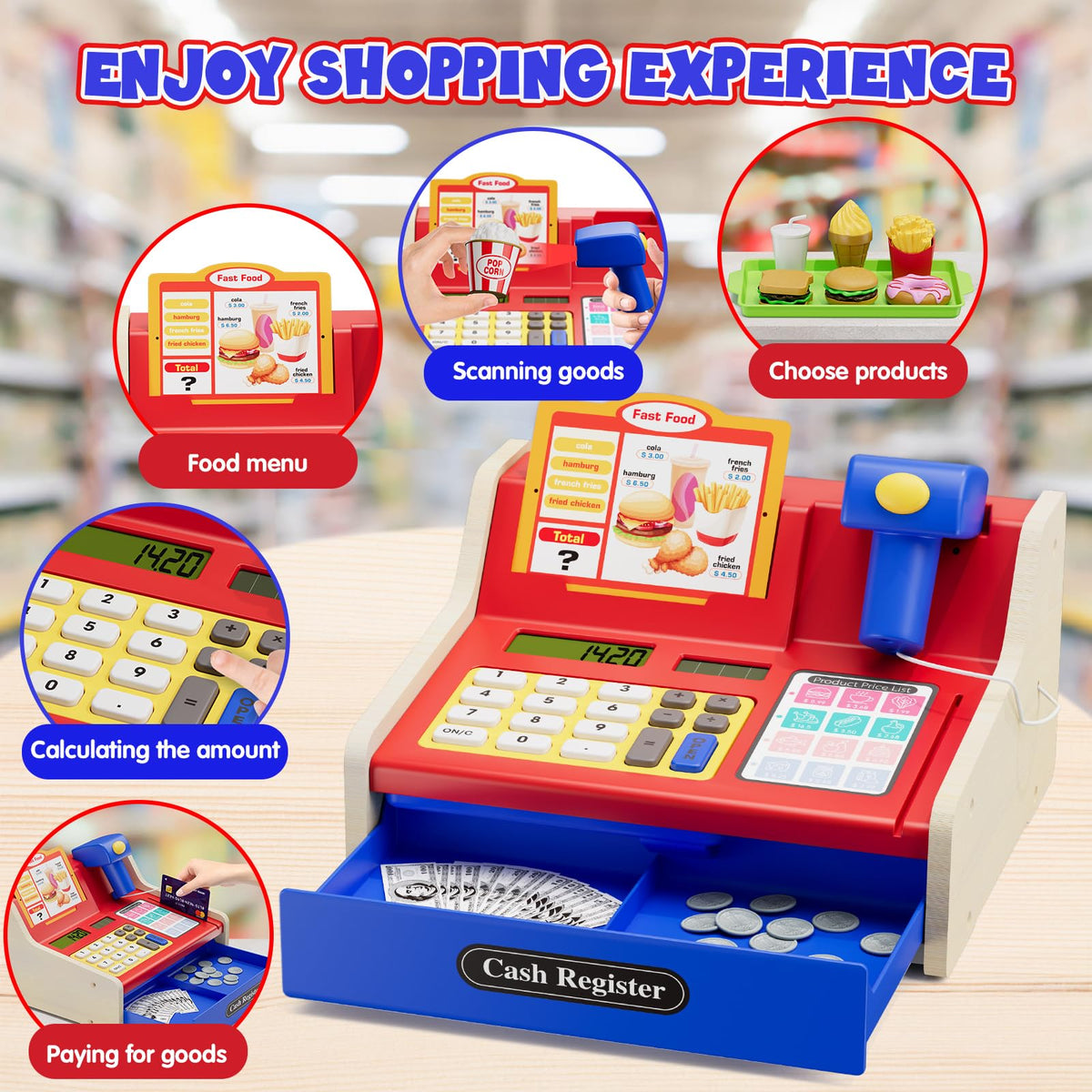 Wee Wonders blue scanner feature enhances pretend checkout and number sense during play.