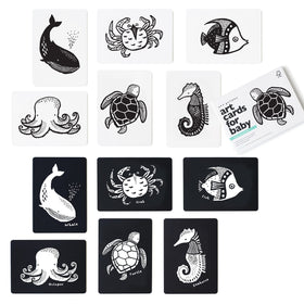 Wee Gallery high-contrast ocean animals card enhances newborn visual focus during play