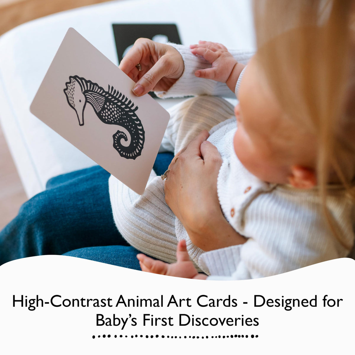 Wee Gallery high-contrast tummy time card supports neck strength through engaging visuals
