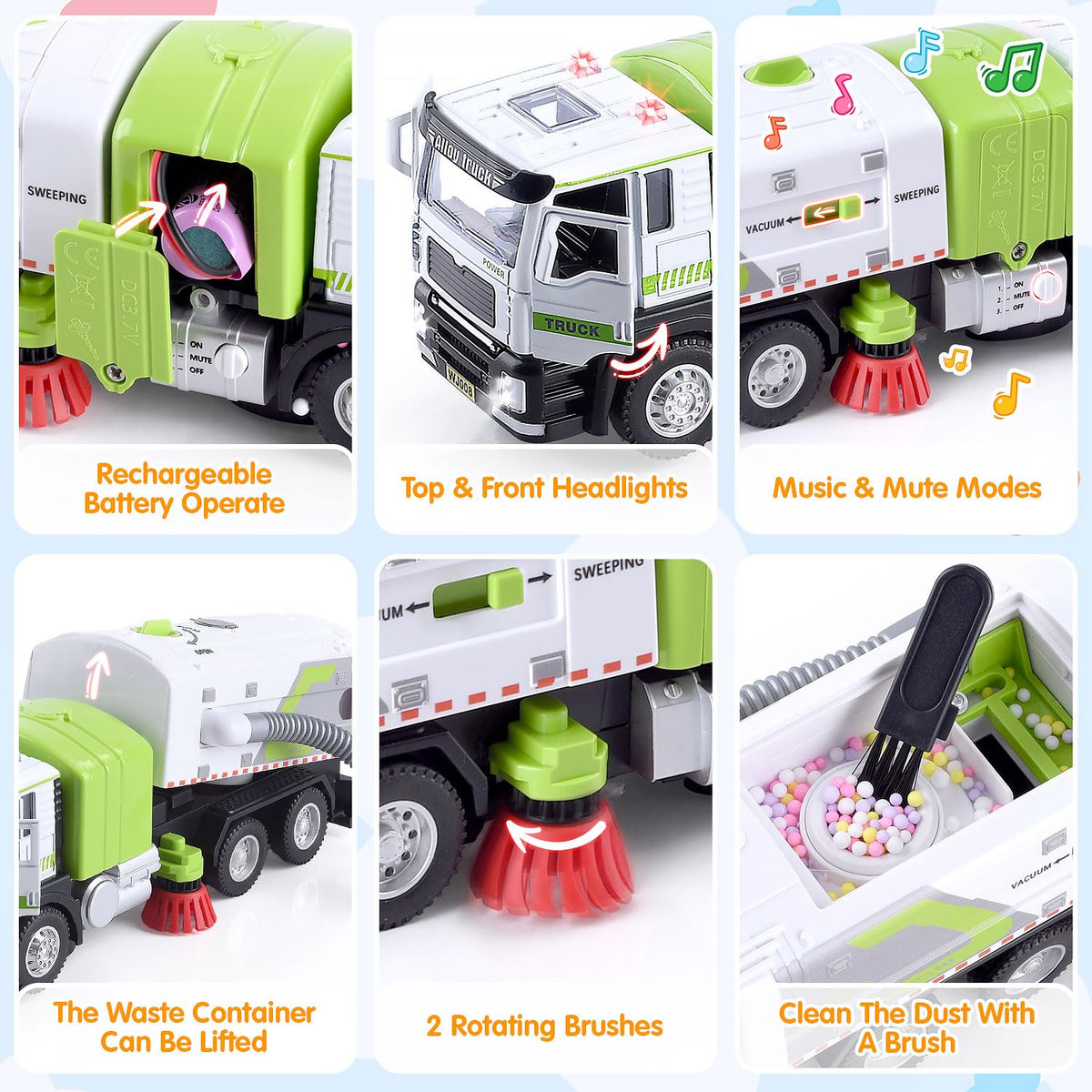 WeeHomm garbage truck carriage lift enables loading and unloading pretend recyclables.