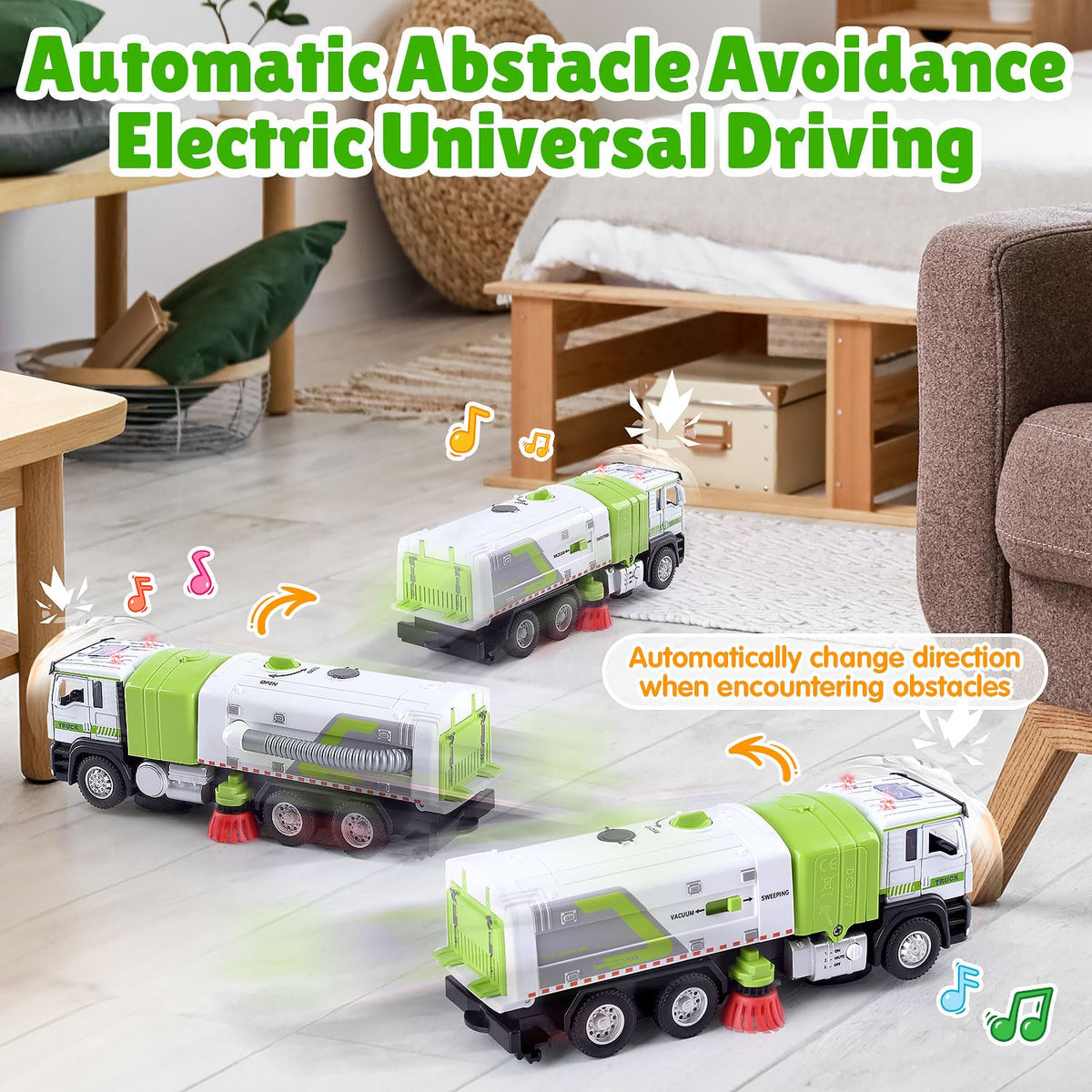 WeeHomm garbage truck lights and sounds add realism during pretend play.