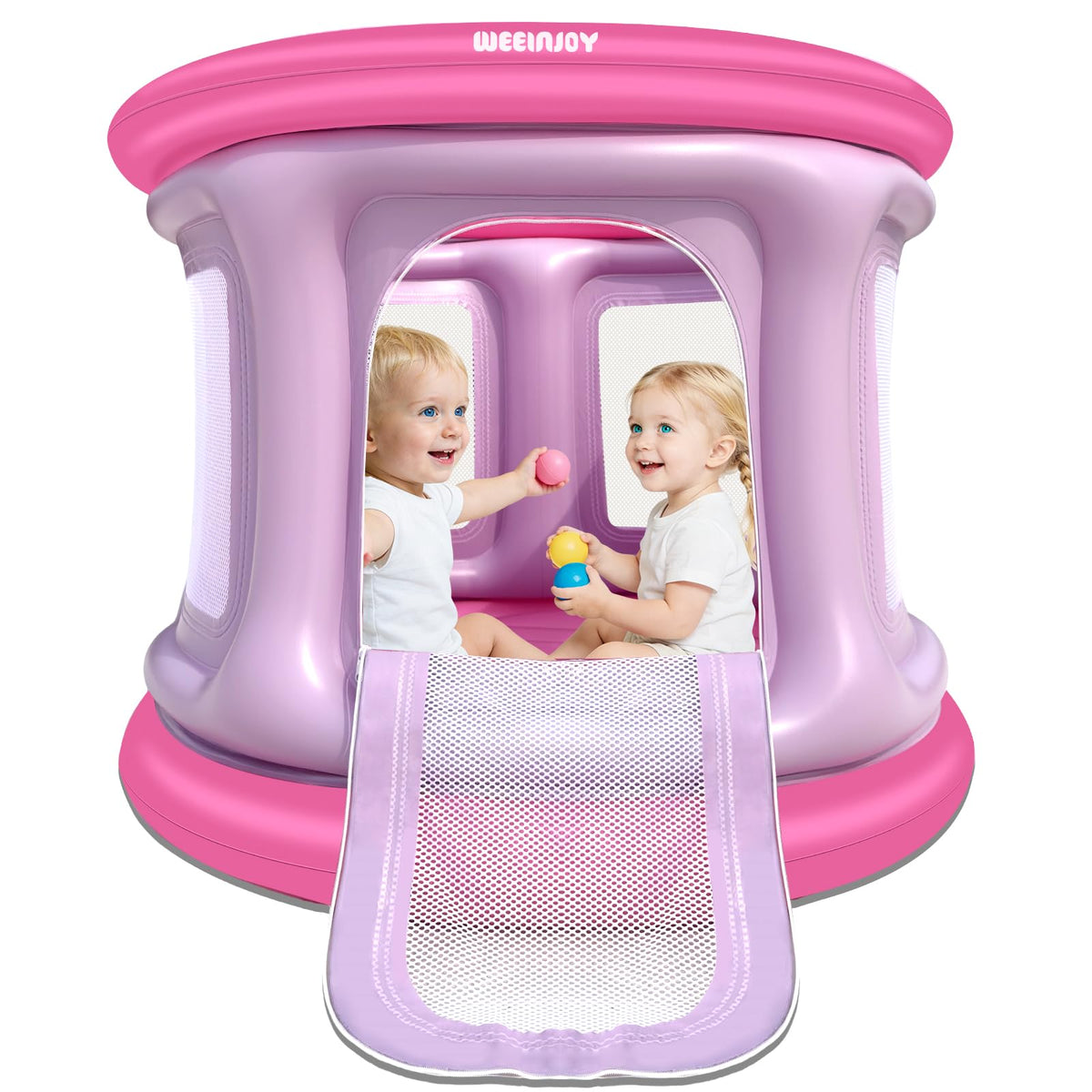 WEEINJOY bounce house front view with safety nets for toddlers.