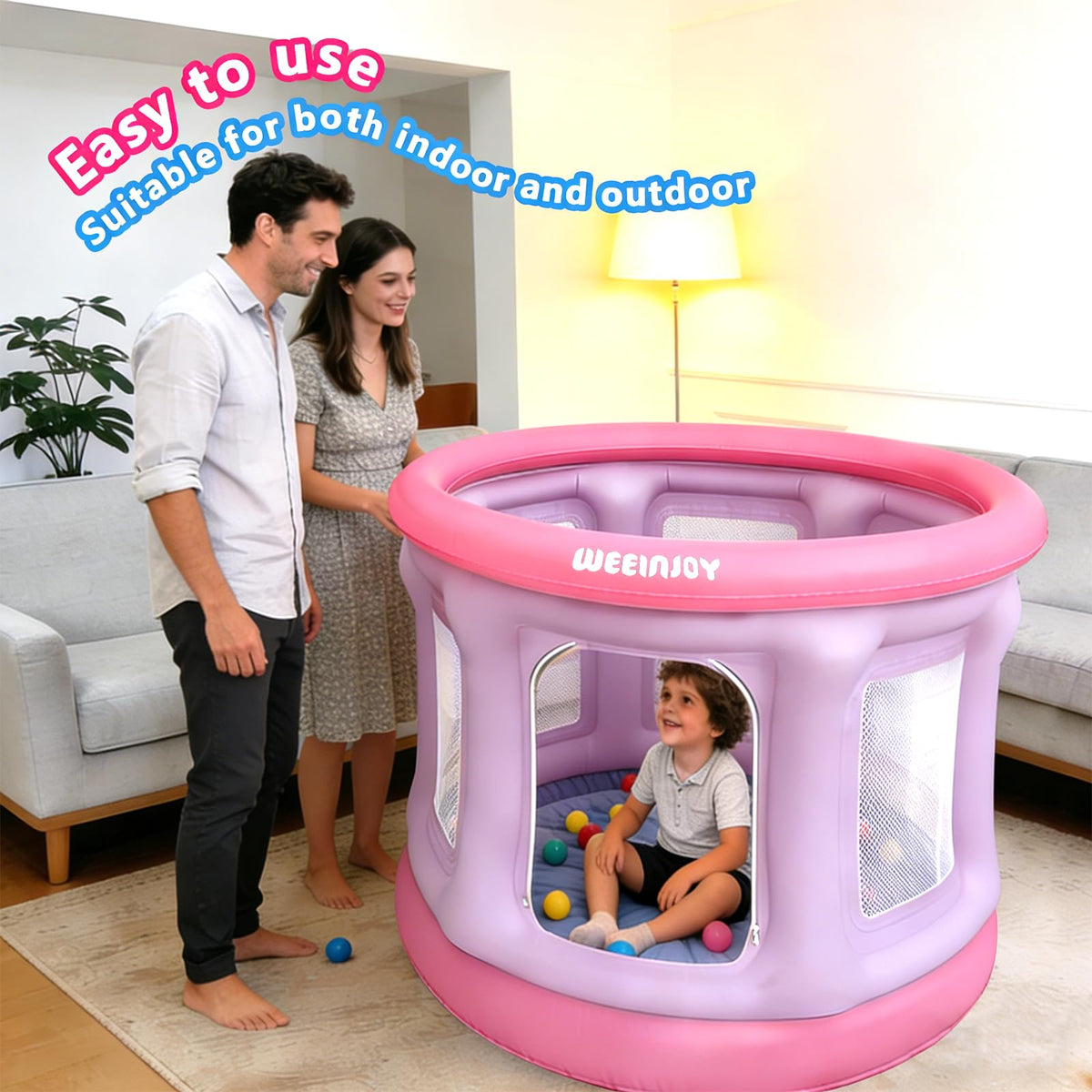 WEEINJOY compact inflatable playset for indoor and outdoor use.