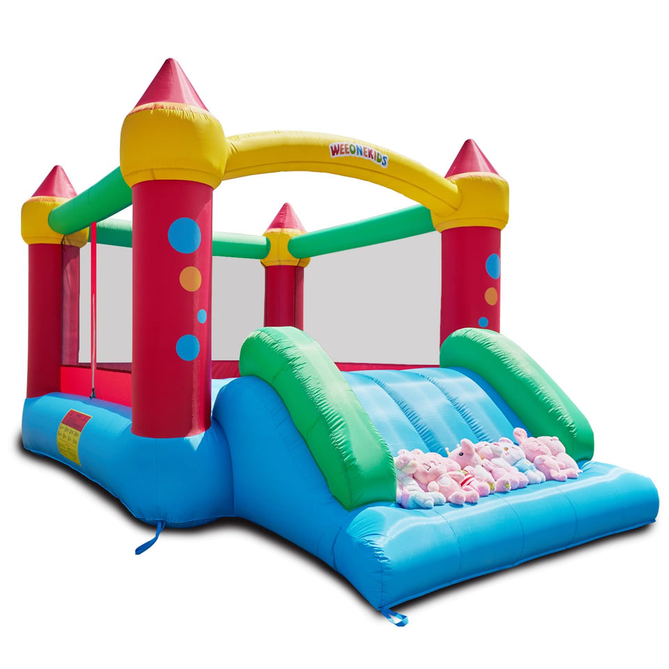 WeeOneKids air bounce house front view demonstrates sturdy construction for safe backyard fun.