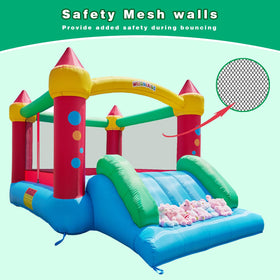WeeOneKids air bounce house ground-stakes secure the play area.