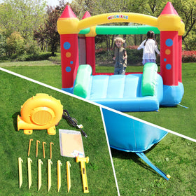 WeeOneKids air bounce house material closeup shows puncture-resistant PVC quality.
